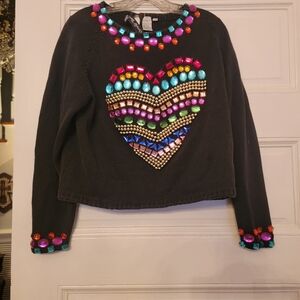 Vintage Embellished Black Sweater with Colorful Heart Design Large